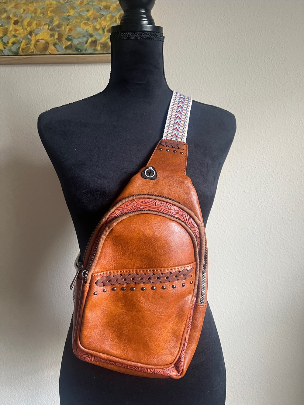 Anthropologie Western Tan Leather Hobo Sling Bag with Woven Strap